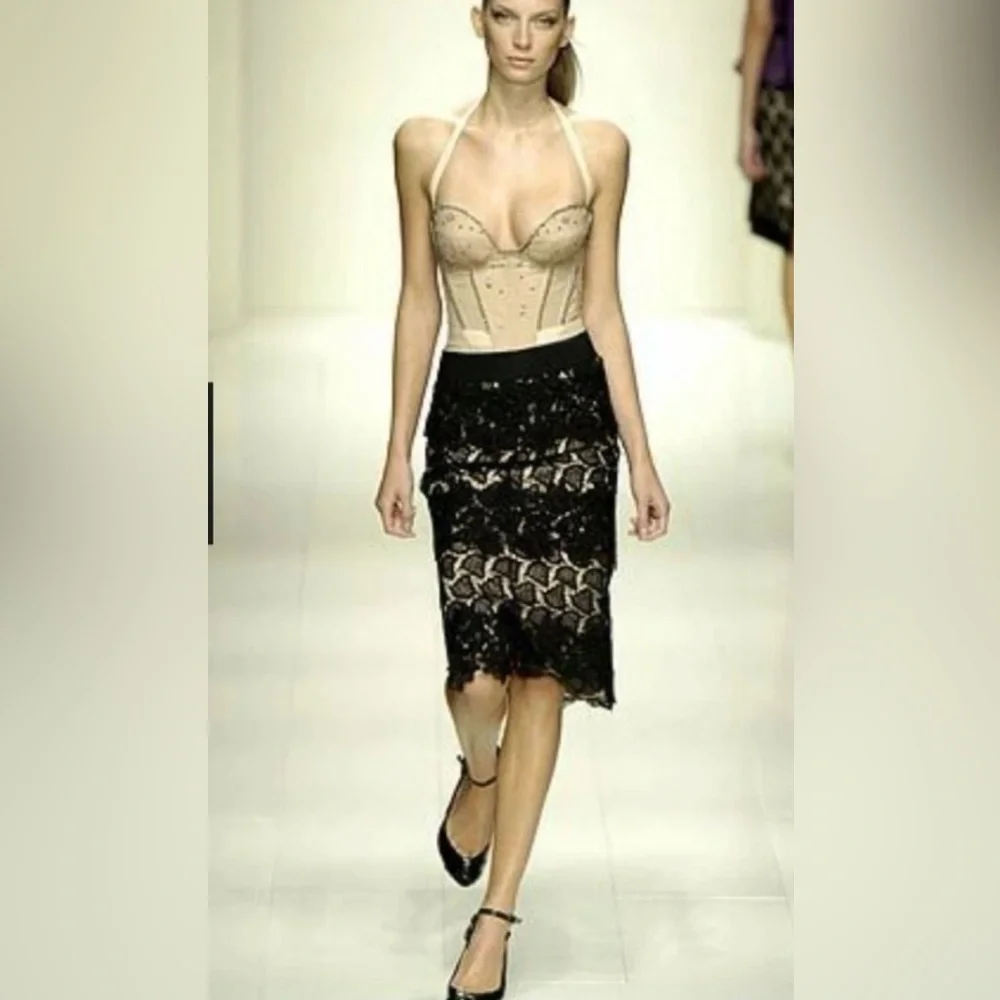 La Perla Lace Black & Cream Pencil Midi Skirt RTW Spring 2006 size 44 US 8 $1250